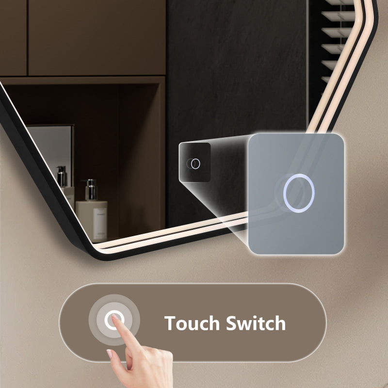 Taurus Irregular bathroom mirror with light, 44x28 inches, luxury LED wall mirror, anti-fog, dimmable, leather hanging rope