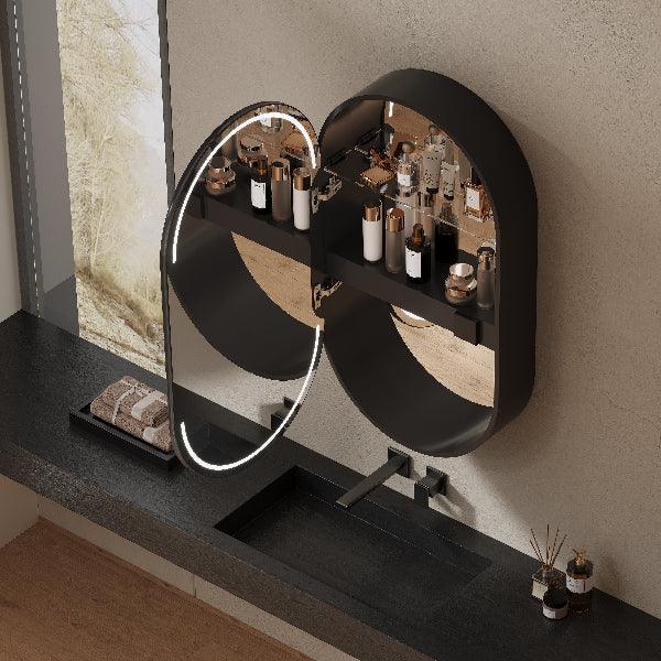 Mirrorons Custom Medicine Cabinet with LED Lights, Oval, Defogger, 3-Color Mode, Dimmer, Matte Black or Matte White