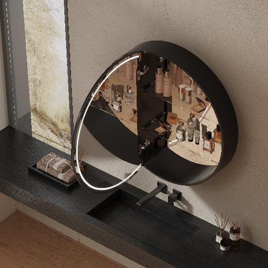 Mirrorons Custom Medicine Cabinet with LED Lights, Round, Defogger, 3-Color Mode, Dimmer, Matte Black or Matte White