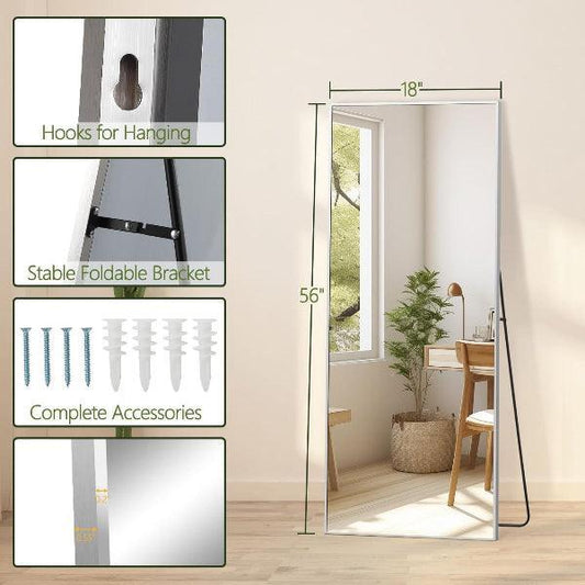 MELOMOIR Full Length Mirror, Silver Floor Mirror with Stand Hanging or Leaning, Aluminum Alloy Frame Full Body Mirror for Bedroom Living Room Cloakroom Hallway, Wall Mirror Full Length, Silver - MIRRORONS