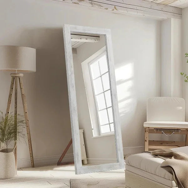 MELOMOIR Rustic Farmhouse Full Length Mirror, Wood Floor Mirror, Free Standing, Long for Bedroom, Living Room, Cloakroom, Weathering White - MIRRORONS