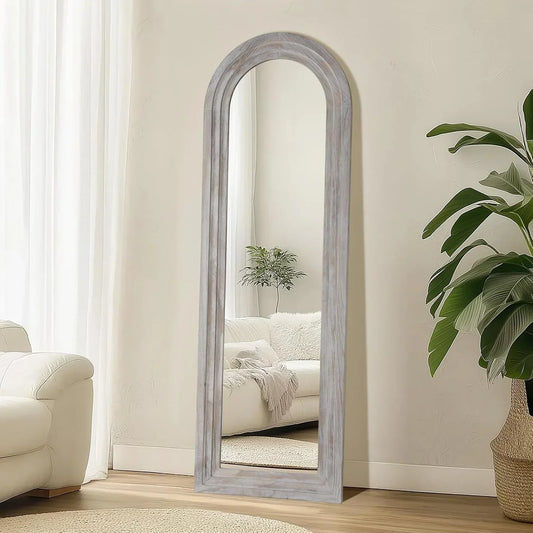 MELOMOIR Arched Full Length Mirror with Solid Wood Frame, 64"x21" Rustic Farmhouse Floor Mirror with Stand, Free Standing Leaning Hanging, for Bedroom Living Room Dressing Room, Distressed White