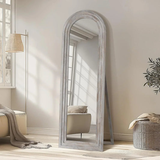 MELOMOIR Arched Full Length Mirror with Solid Wood Frame, 64"x21" Rustic Farmhouse Floor Mirror with Stand, Free Standing Leaning Hanging, for Bedroom Living Room Dressing Room, Distressed White