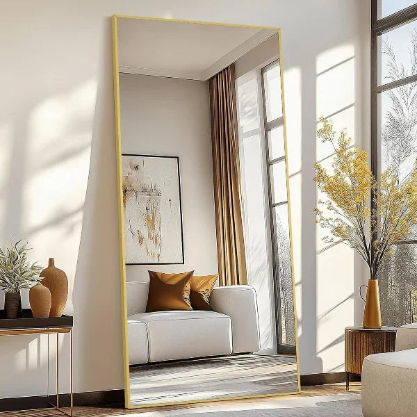 MELOMOIR Gold Mirror Full Length, Floor Mirror, Free Standing Mirror Hanging or Leaning, Aluminum Alloy Frame Full Body Mirror for Bedroom Living Room Cloakroom Hallway, Wall Mirror Full Length - MIRRORONS