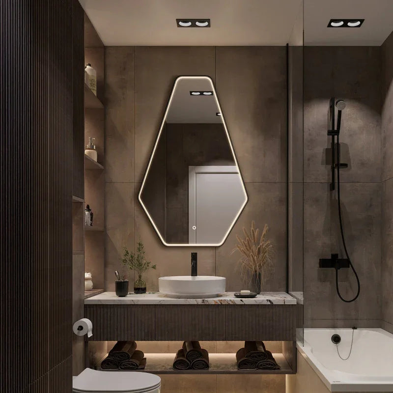 Taurus Irregular bathroom mirror with light, 44x28 inches, luxury LED wall mirror, anti-fog, dimmable, leather hanging rope