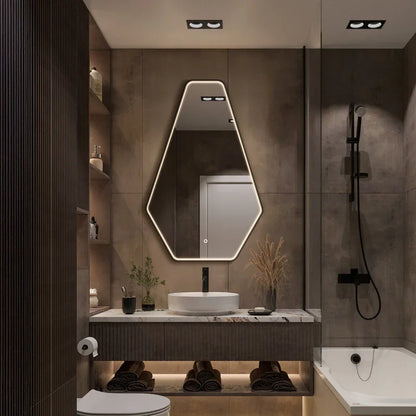 Taurus Irregular bathroom mirror with light, 44x28 inches, luxury LED wall mirror, anti-fog, dimmable, leather hanging rope