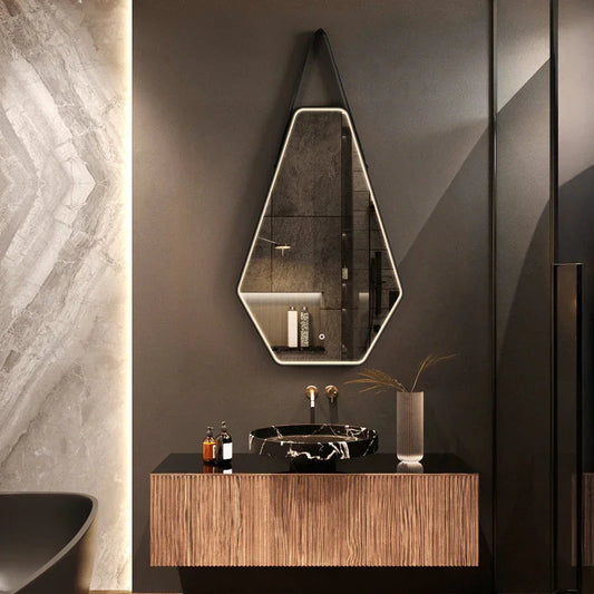 Taurus Irregular bathroom mirror with light, 44x28 inches, luxury LED wall mirror, anti-fog, dimmable, leather hanging rope
