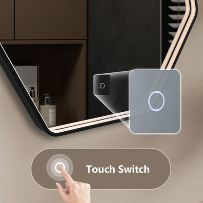 Taurus Irregular bathroom mirror with light, 44x28 inches, luxury LED wall mirror, anti-fog, dimmable, leather hanging rope