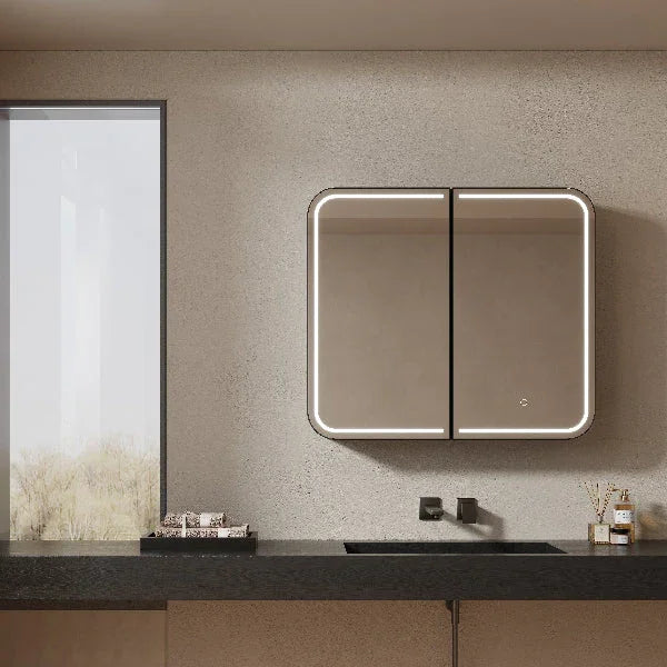 Mirrorons Custom Medicine Cabinet with LED Lights, Square, Defogger, 3-Color Mode, Dimmer, Matte Black or Matte White