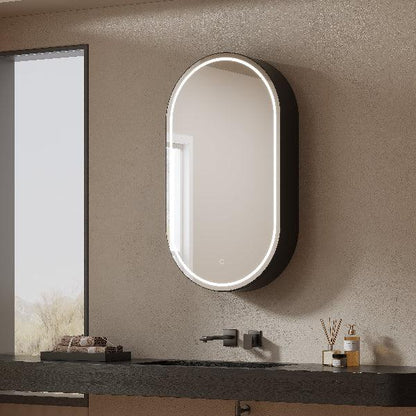 Mirrorons Custom Medicine Cabinet with LED Lights, Oval, Defogger, 3-Color Mode, Dimmer, Matte Black or Matte White