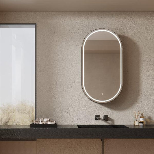 Mirrorons Custom Medicine Cabinet with LED Lights, Oval, Defogger, 3-Color Mode, Dimmer, Matte Black or Matte White