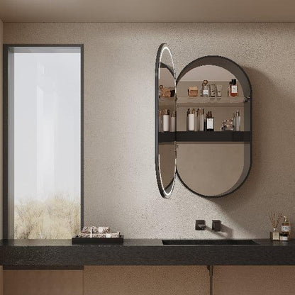 Mirrorons Custom Medicine Cabinet with LED Lights, Oval, Defogger, 3-Color Mode, Dimmer, Matte Black or Matte White