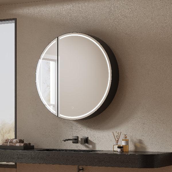 Mirrorons Custom Medicine Cabinet with LED Lights, Round, Defogger, 3-Color Mode, Dimmer, Matte Black or Matte White