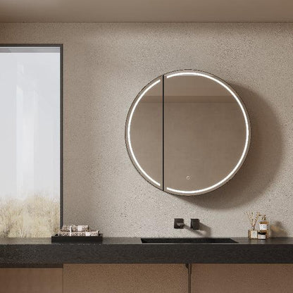 Mirrorons Custom Medicine Cabinet with LED Lights, Round, Defogger, 3-Color Mode, Dimmer, Matte Black or Matte White