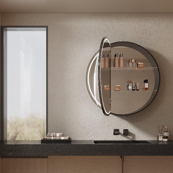 Mirrorons Custom Medicine Cabinet with LED Lights, Round, Defogger, 3-Color Mode, Dimmer, Matte Black or Matte White