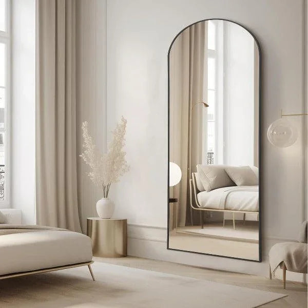 MELOMOIR Arched Floor Mirror, Leaning Hanging Mirror with Aluminum Frame, for Living Room, Bedroom, Cloakroom, Hallway, Black - MIRRORONS