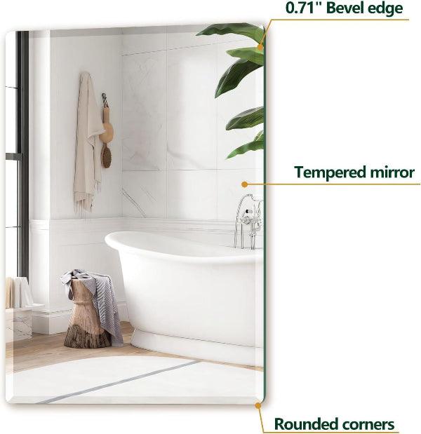 Mirrorons Beveled Mirror, Wall Mirror 18" x 24", Frameless Rectangle Bathroom Mirror with Beveled Edge, Hangs Horizontally or Vertically. Rounded Corner Tempered Mirror