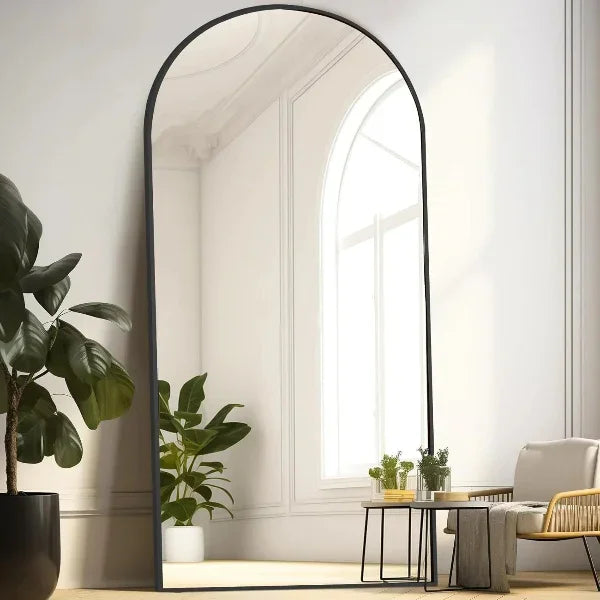 MELOMOIR Arched Floor Mirror, Leaning Hanging Mirror with Aluminum Frame, for Living Room, Bedroom, Cloakroom, Hallway, Black - MIRRORONS