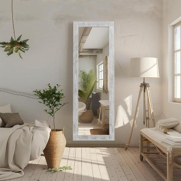 MELOMOIR Rustic Farmhouse Full Length Mirror, Wood Floor Mirror, Free Standing, Long for Bedroom, Living Room, Cloakroom, Weathering White - MIRRORONS