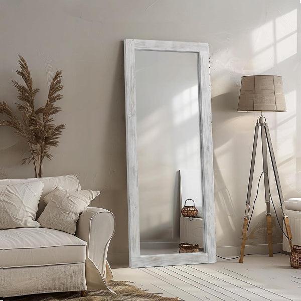 MELOMOIR Rustic Farmhouse Full Length Mirror, Wood Floor Mirror, Free Standing, Long for Bedroom, Living Room, Cloakroom, Weathering White - MIRRORONS