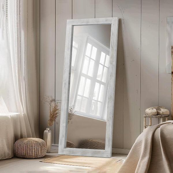 MELOMOIR Rustic Farmhouse Full Length Mirror, Wood Floor Mirror, Free Standing, Long for Bedroom, Living Room, Cloakroom, Weathering White - MIRRORONS