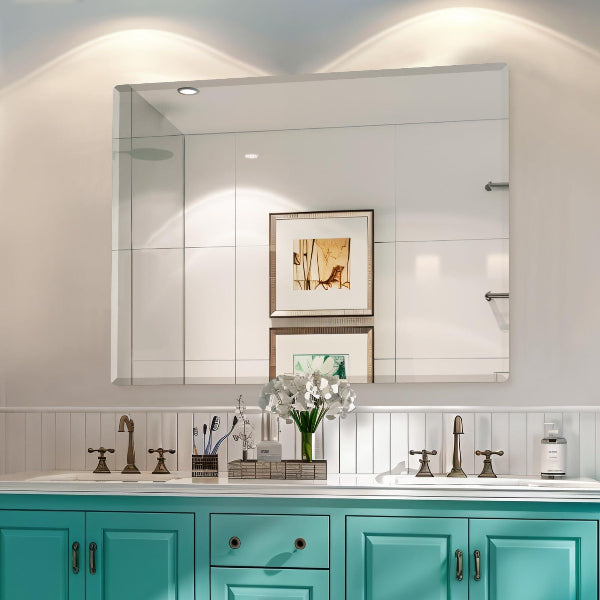 Mirrorons Beveled Mirror, Wall Mirror 18" x 24", Frameless Rectangle Bathroom Mirror with Beveled Edge, Hangs Horizontally or Vertically. Rounded Corner Tempered Mirror