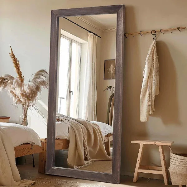 MELOMOIR Rustic Farmhouse Full Length Mirror, Wood Floor, Free Standing Leaning Hanging, Long for Bedroom Cloakroom, Wall Full Length, Charcoal-Grilled Brown - MIRRORONS