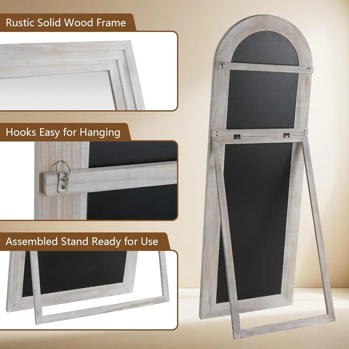 MELOMOIR Arched Full Length Mirror with Solid Wood Frame, 64"x21" Rustic Farmhouse Floor Mirror with Stand, Free Standing Leaning Hanging, for Bedroom Living Room Dressing Room, Distressed White