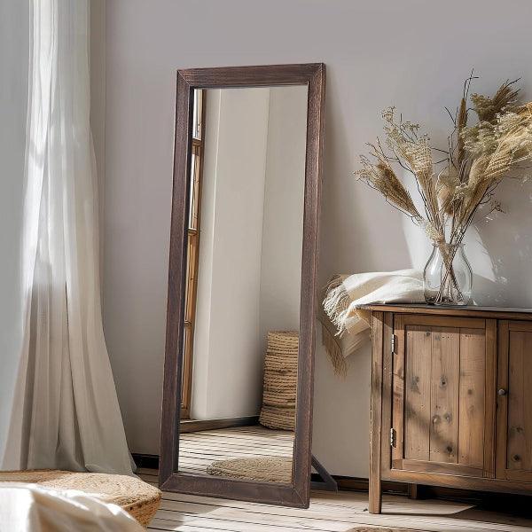MELOMOIR Rustic Farmhouse Full Length Mirror, Wood Floor, Free Standing Leaning Hanging, Long for Bedroom Cloakroom, Wall Full Length, Charcoal-Grilled Brown - MIRRORONS