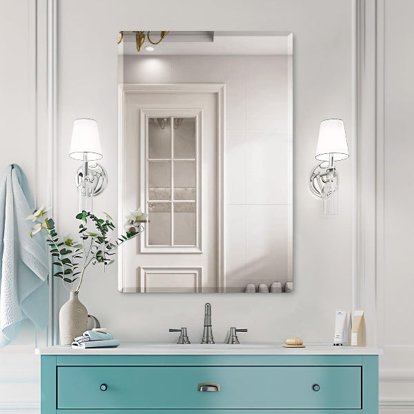 Mirrorons Beveled Mirror, Wall Mirror 18" x 24", Frameless Rectangle Bathroom Mirror with Beveled Edge, Hangs Horizontally or Vertically. Rounded Corner Tempered Mirror