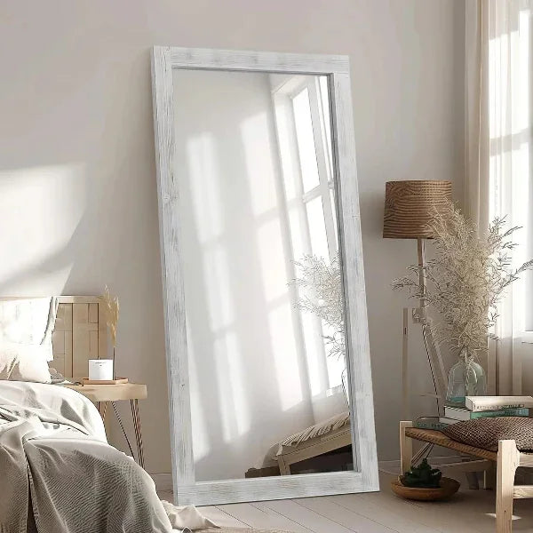 MELOMOIR Rustic Farmhouse Full Length Mirror, Wood Floor Mirror, Free Standing, Long for Bedroom, Living Room, Cloakroom, Weathering White - MIRRORONS