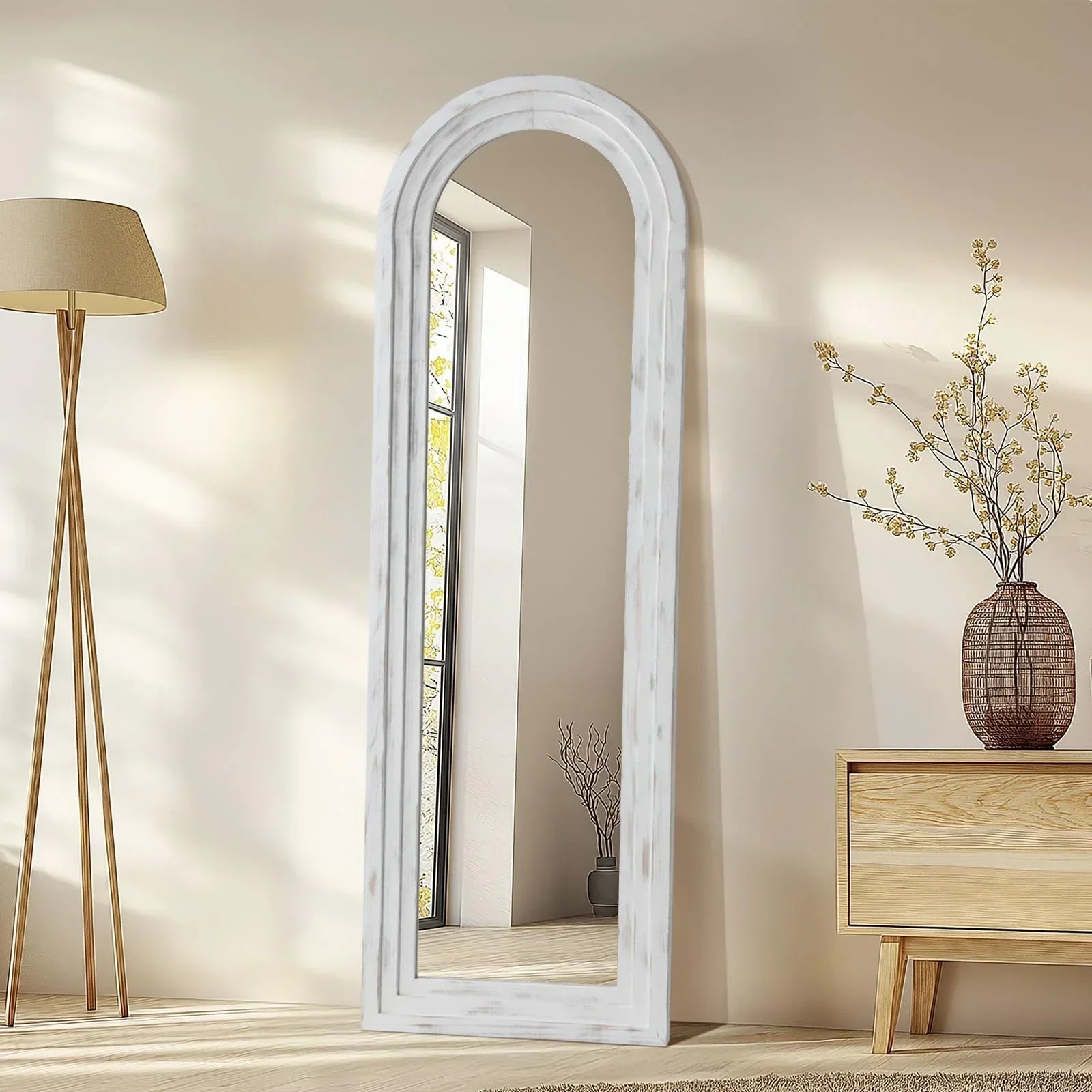 MELOMOIR Arched Full Length Mirror with Solid Wood Frame, 64"x21" Rustic Farmhouse Floor Mirror with Stand, Free Standing Leaning Hanging, for Bedroom Living Room Dressing Room, Distressed White