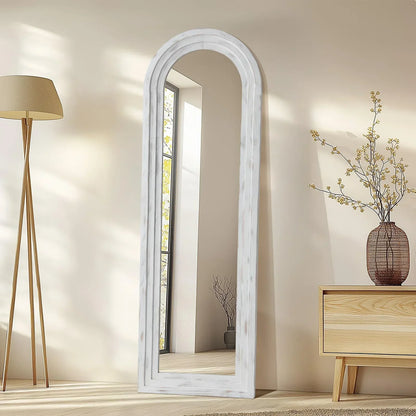 MELOMOIR Arched Full Length Mirror with Solid Wood Frame, 64"x21" Rustic Farmhouse Floor Mirror with Stand, Free Standing Leaning Hanging, for Bedroom Living Room Dressing Room, Distressed White