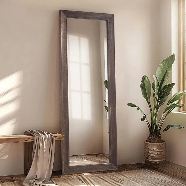 MELOMOIR Rustic Farmhouse Full Length Mirror, Wood Floor, Free Standing Leaning Hanging, Long for Bedroom Cloakroom, Wall Full Length, Charcoal-Grilled Brown - MIRRORONS