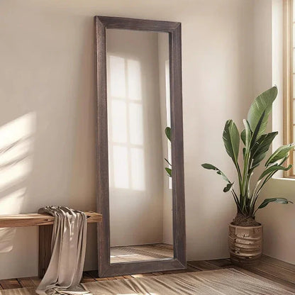 MELOMOIR Rustic Farmhouse Full Length Mirror, Wood Floor, Free Standing Leaning Hanging, Long for Bedroom Cloakroom, Wall Full Length, Charcoal-Grilled Brown - MIRRORONS