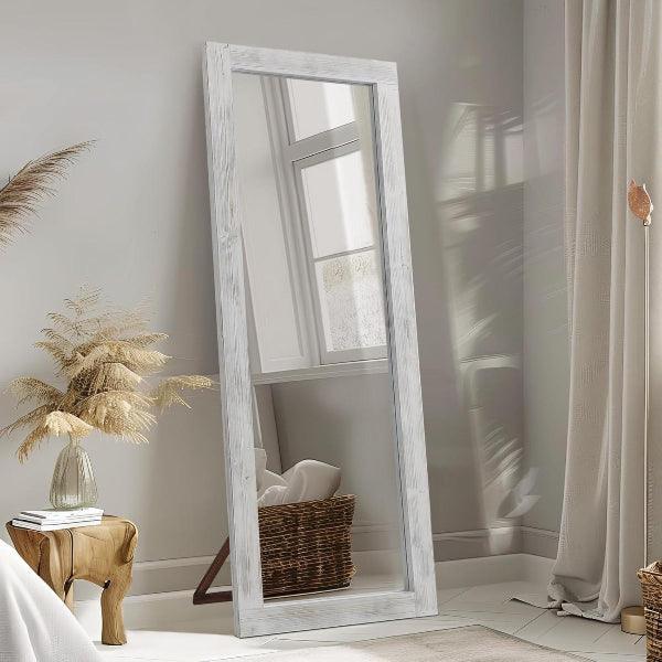 MELOMOIR Rustic Farmhouse Full Length Mirror, Wood Floor Mirror, Free Standing, Long for Bedroom, Living Room, Cloakroom, Weathering White - MIRRORONS