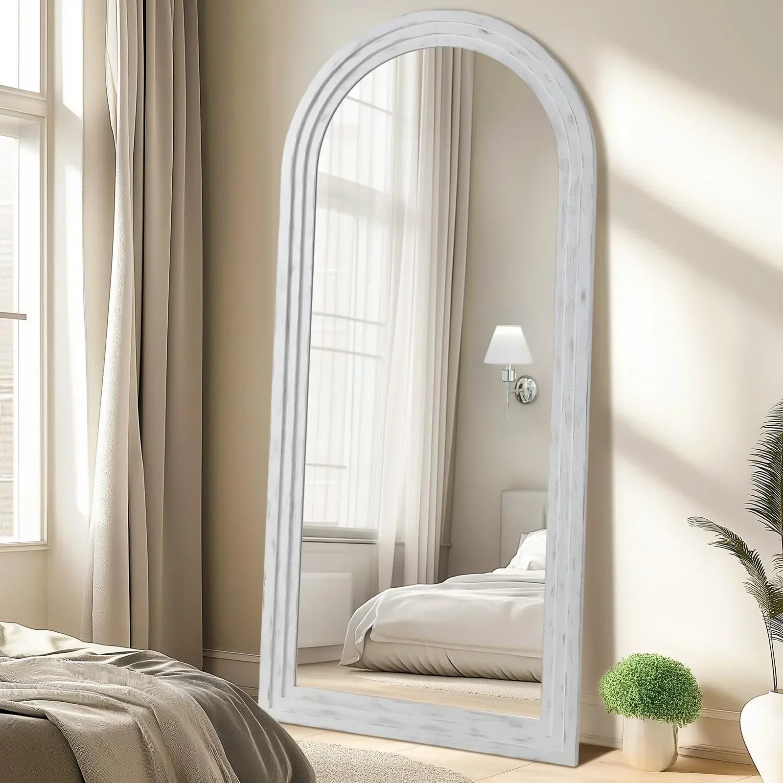 MELOMOIR Arched Full Length Mirror with Solid Wood Frame, 64"x21" Rustic Farmhouse Floor Mirror with Stand, Free Standing Leaning Hanging, for Bedroom Living Room Dressing Room, Distressed White