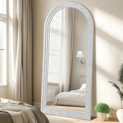 MELOMOIR Arched Full Length Mirror with Solid Wood Frame, 64"x21" Rustic Farmhouse Floor Mirror with Stand, Free Standing Leaning Hanging, for Bedroom Living Room Dressing Room, Distressed White