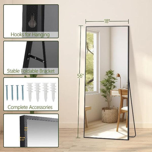 MELOMOIR Full Length Mirror, Floor Mirror with Stand Hanging or Leaning, Aluminum Alloy Frame Full Body Mirror for Bedroom Living Room Cloakroom Hallway, Wall Mirror Full Length, Black - MIRRORONS