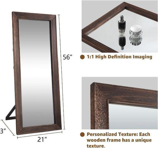 MELOMOIR Rustic Farmhouse Full Length Mirror, Wood Floor, Free Standing Leaning Hanging, Long for Bedroom Cloakroom, Wall Full Length, Charcoal-Grilled Brown - MIRRORONS