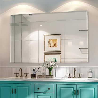 Mirrorons Beveled Mirror, Wall Mirror 18" x 24", Frameless Rectangle Bathroom Mirror with Beveled Edge, Hangs Horizontally or Vertically. Rounded Corner Tempered Mirror