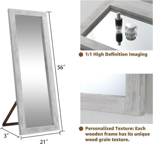 MELOMOIR Rustic Farmhouse Full Length Mirror, Wood Floor Mirror, Free Standing, Long for Bedroom, Living Room, Cloakroom, Weathering White - MIRRORONS