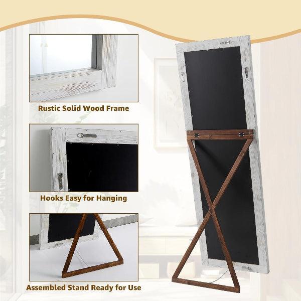 MELOMOIR Rustic Farmhouse Full Length Mirror, Wood Floor Mirror, Free Standing, Long for Bedroom, Living Room, Cloakroom, Weathering White - MIRRORONS