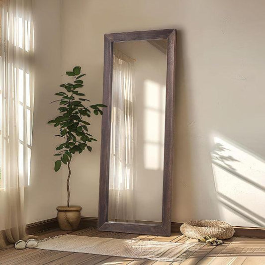 MELOMOIR Rustic Farmhouse Full Length Mirror, Wood Floor, Free Standing Leaning Hanging, Long for Bedroom Cloakroom, Wall Full Length, Charcoal-Grilled Brown - MIRRORONS