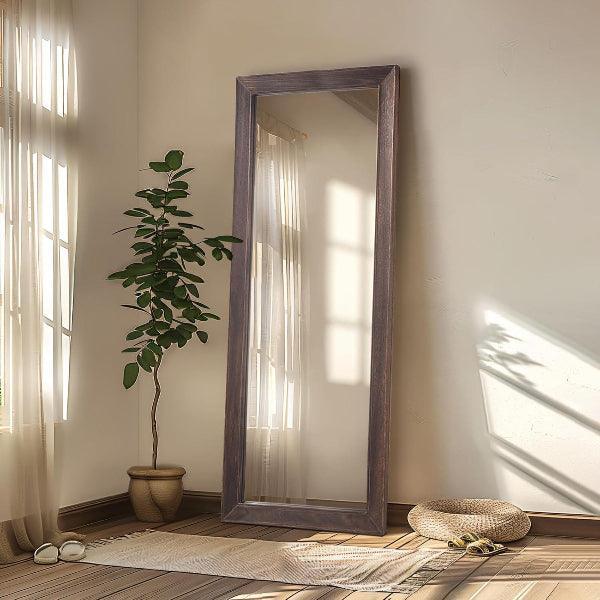 MELOMOIR Rustic Farmhouse Full Length Mirror, Wood Floor, Free Standing Leaning Hanging, Long for Bedroom Cloakroom, Wall Full Length, Charcoal-Grilled Brown - MIRRORONS