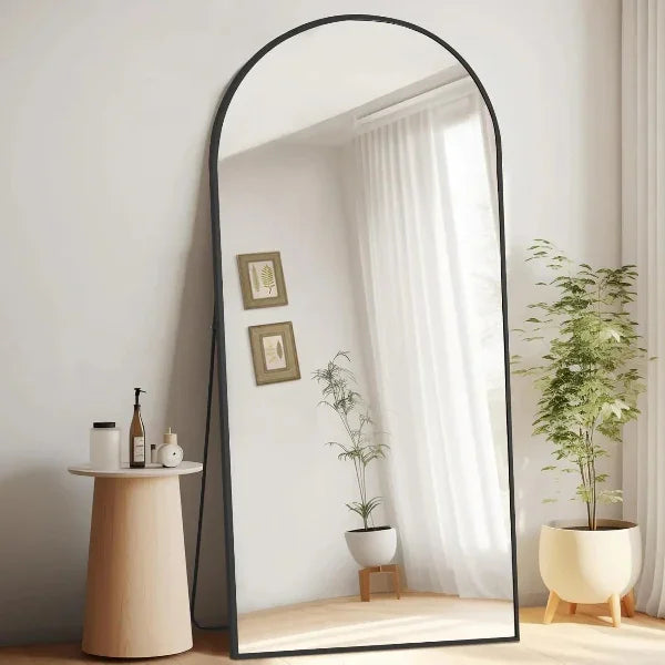 MELOMOIR Arched Floor Mirror, Leaning Hanging Mirror with Aluminum Frame, for Living Room, Bedroom, Cloakroom, Hallway, Black - MIRRORONS