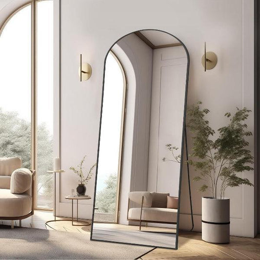 MELOMOIR Arched Floor Mirror, Leaning Hanging Mirror with Aluminum Frame, for Living Room, Bedroom, Cloakroom, Hallway, Black - MIRRORONS
