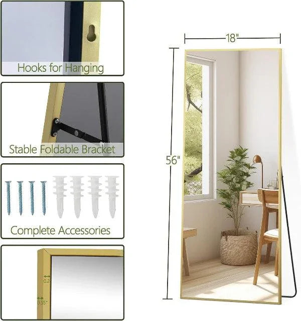 MELOMOIR Gold Mirror Full Length, Floor Mirror, Free Standing Mirror Hanging or Leaning, Aluminum Alloy Frame Full Body Mirror for Bedroom Living Room Cloakroom Hallway, Wall Mirror Full Length - MIRRORONS