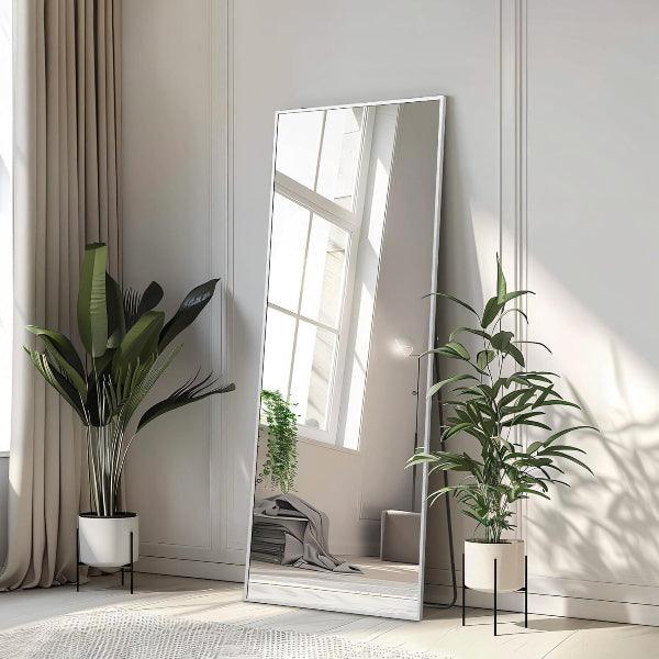 MELOMOIR Full Length Mirror, Silver Floor Mirror with Stand Hanging or Leaning, Aluminum Alloy Frame Full Body Mirror for Bedroom Living Room Cloakroom Hallway, Wall Mirror Full Length, Silver - MIRRORONS