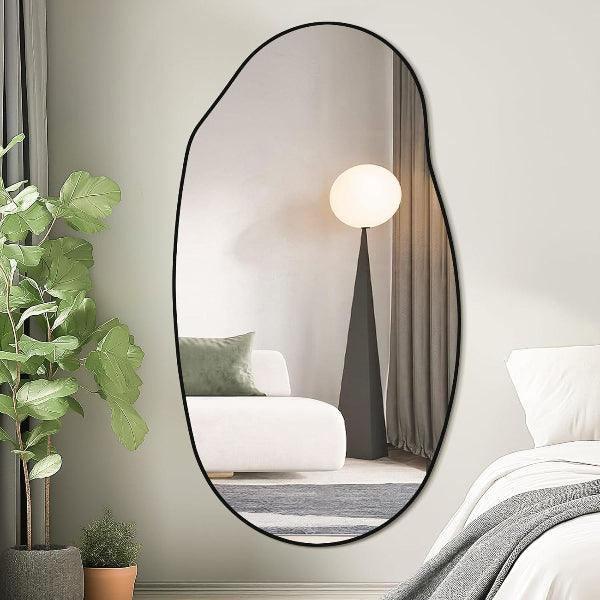 Mirrorons Irregular Wall Mirror 51×28, Black Asymmetrical Bathroom Mirror, Oval Aesthetic Mirror, Full Length Mirror, Shatterproof Black Bathroom Mirrors